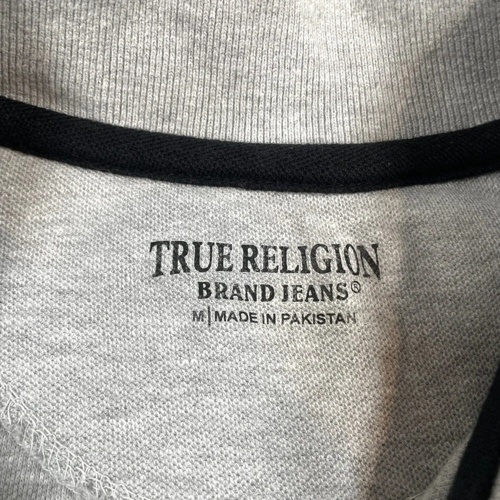 True Religion Brand Jeans Mens Polo Shirt M Gray Striped Short Sleeve Casual